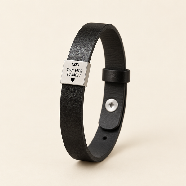 Bracelet noir avec plaque argentée gravée « Ton fils t'aime »