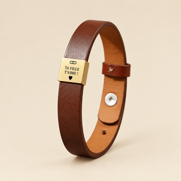 Bracelet marron avec plaque dorée gravée « Ta fille t'aime »