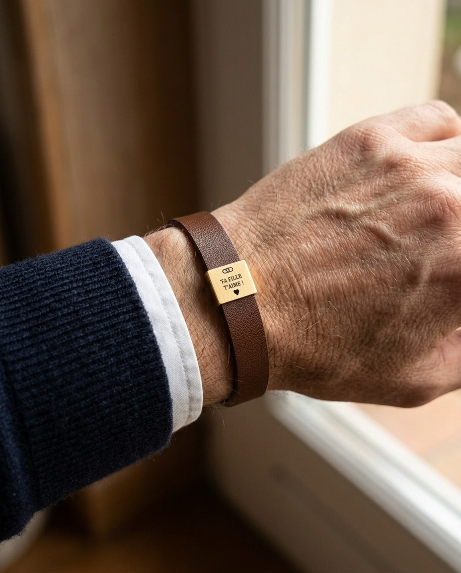 Bracelet marron avec plaque dorée porté au poignet